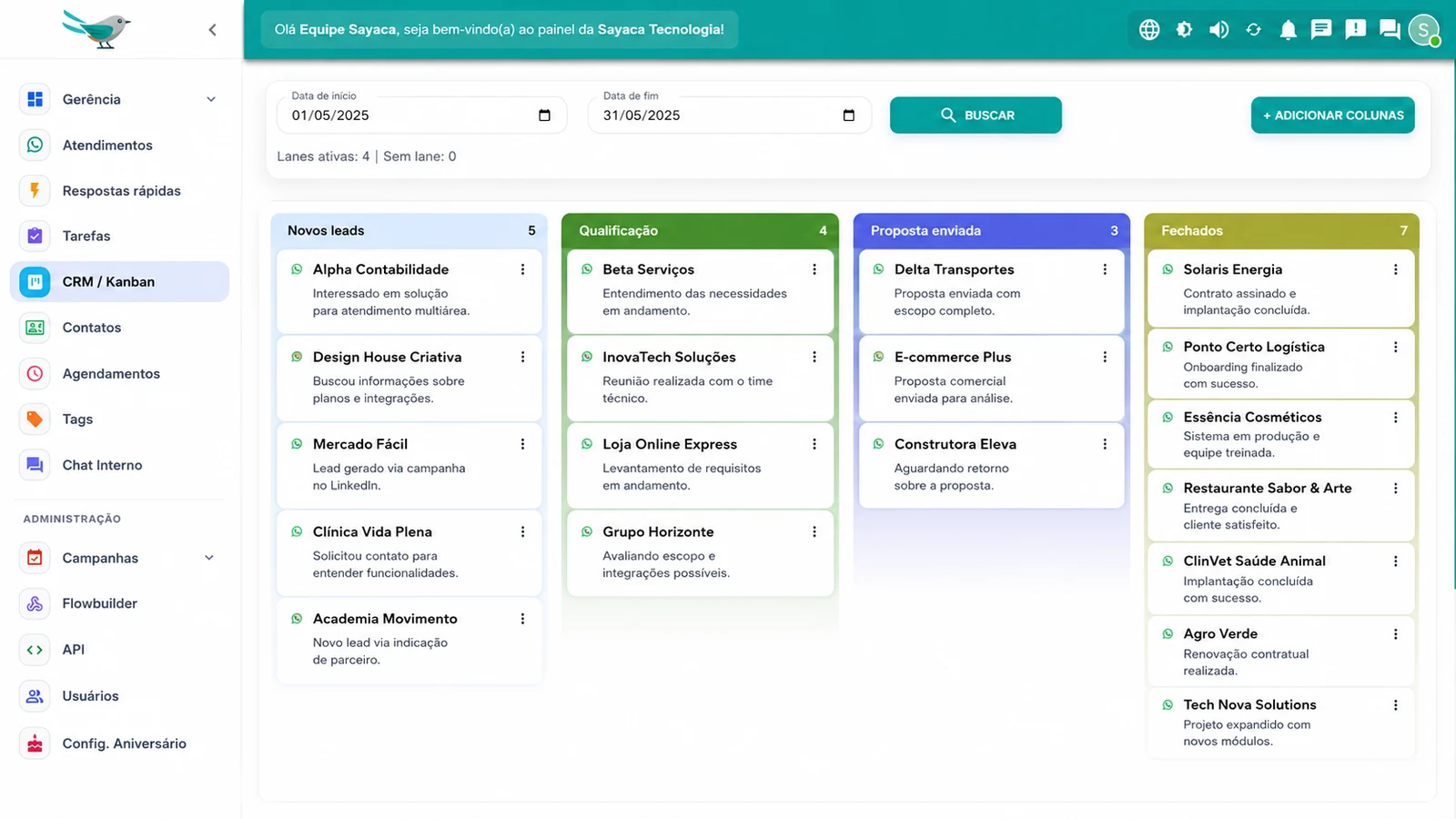 Tela de CRM Kanban do Sayaca Chat com oportunidades em colunas.
